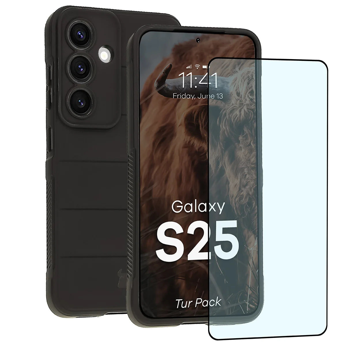Robuste Handyhülle + gehärtetem Glas für Galaxy S25, Bizon Tur Pack, Schwarz (1/10)