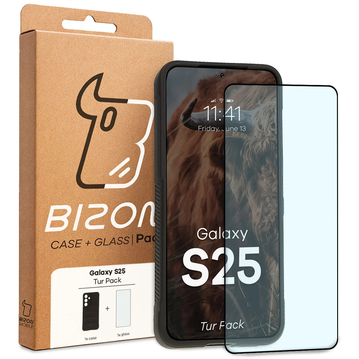 Robuste Handyhülle + gehärtetem Glas für Galaxy S25, Bizon Tur Pack, Schwarz (10/10)