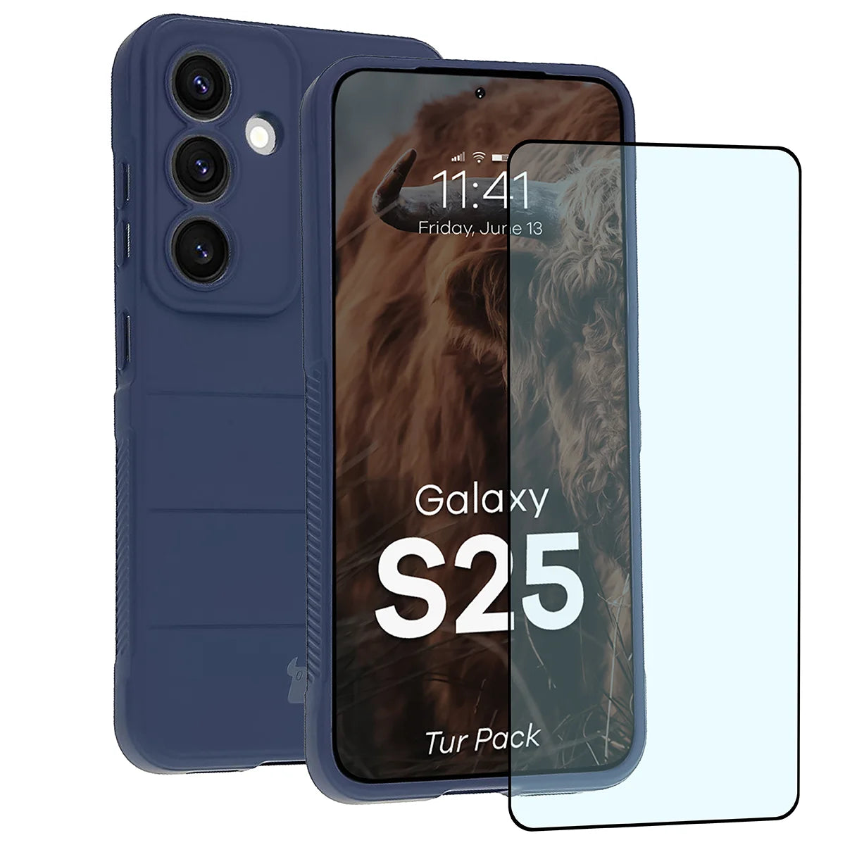 Robuste Handyhülle + gehärtetem Glas für Galaxy S25, Bizon Tur Pack, Dunkelblau (1/10)