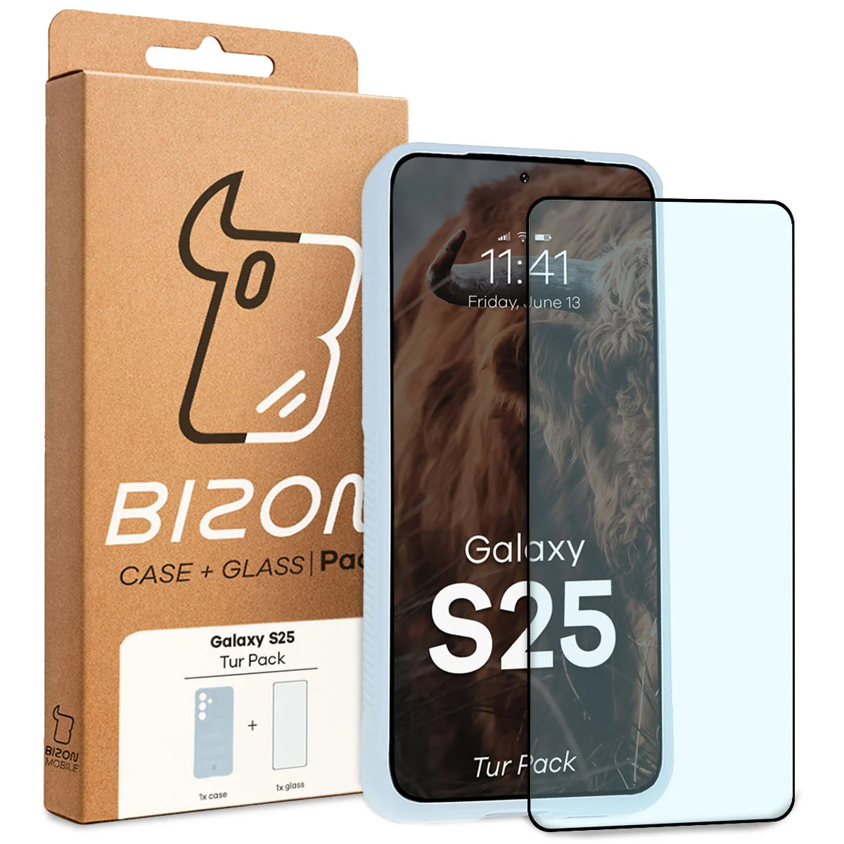 Robuste Handyhülle + gehärtetem Glas für Galaxy S25, Bizon Tur Pack, Hellblau (10/10)