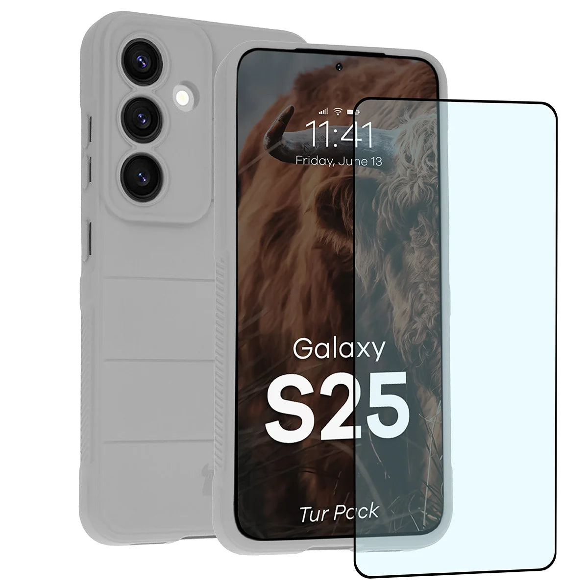 Robuste Handyhülle + gehärtetem Glas für Galaxy S25, Bizon Tur Pack, Hellgrau (1/10)