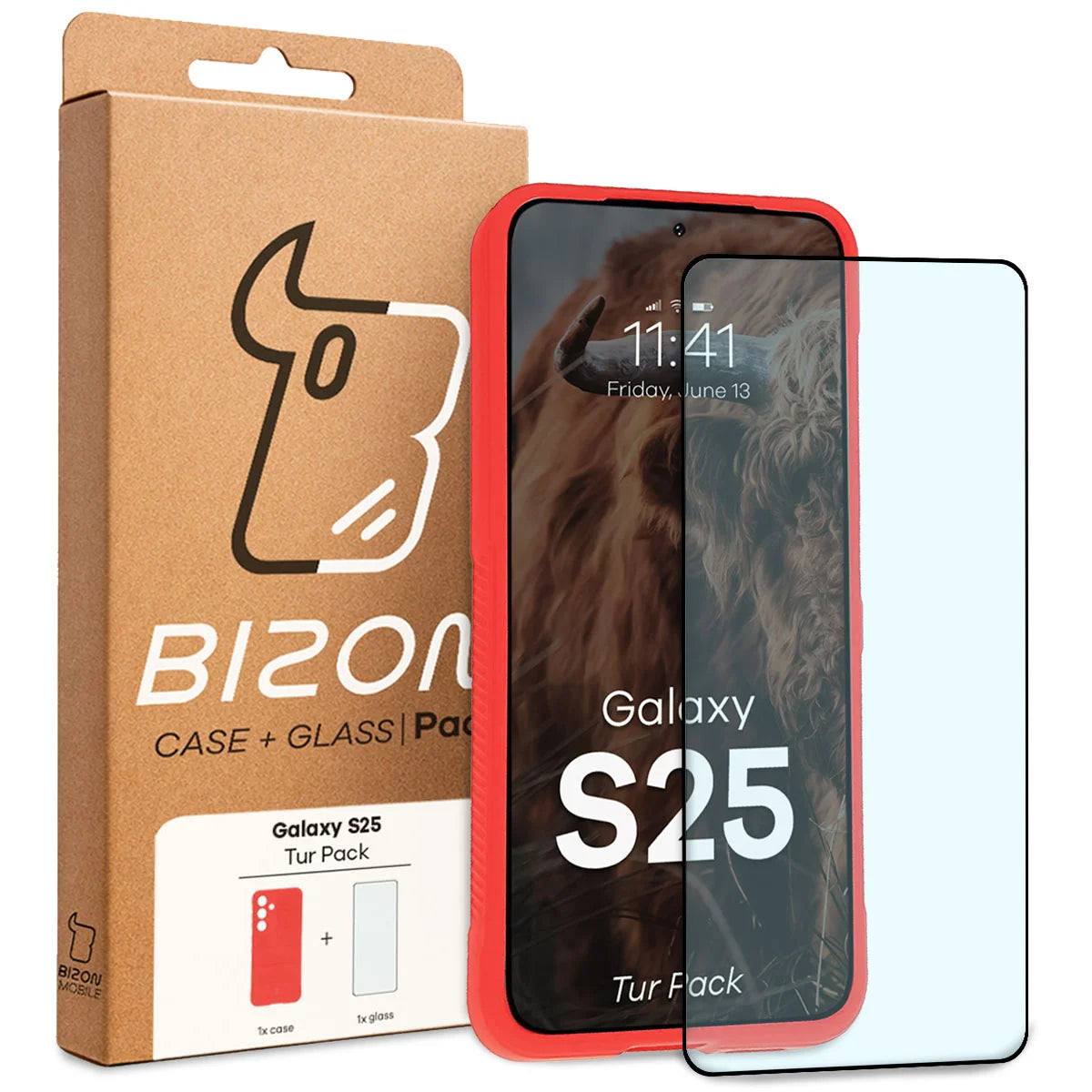 Robuste Handyhülle + gehärtetem Glas für Galaxy S25, Bizon Tur Pack, Rot (10/10)