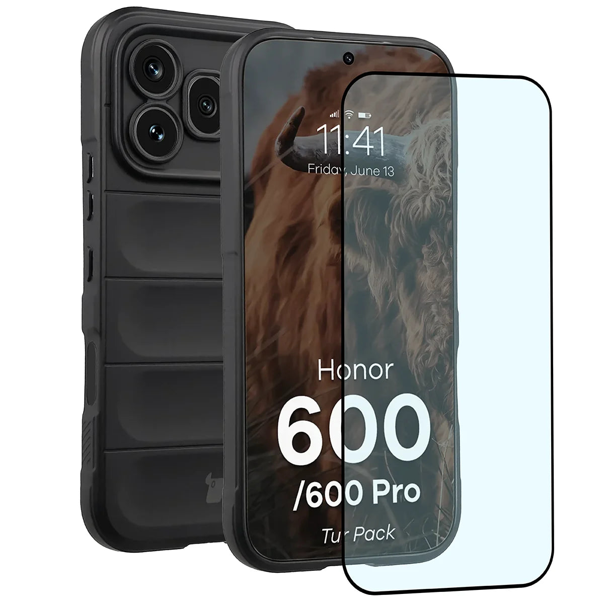 Robuste Handyhülle + gehärtetem Glas für Honor 600 5G / 600 Pro 5G, Bizon Tur Pack, Schwarz