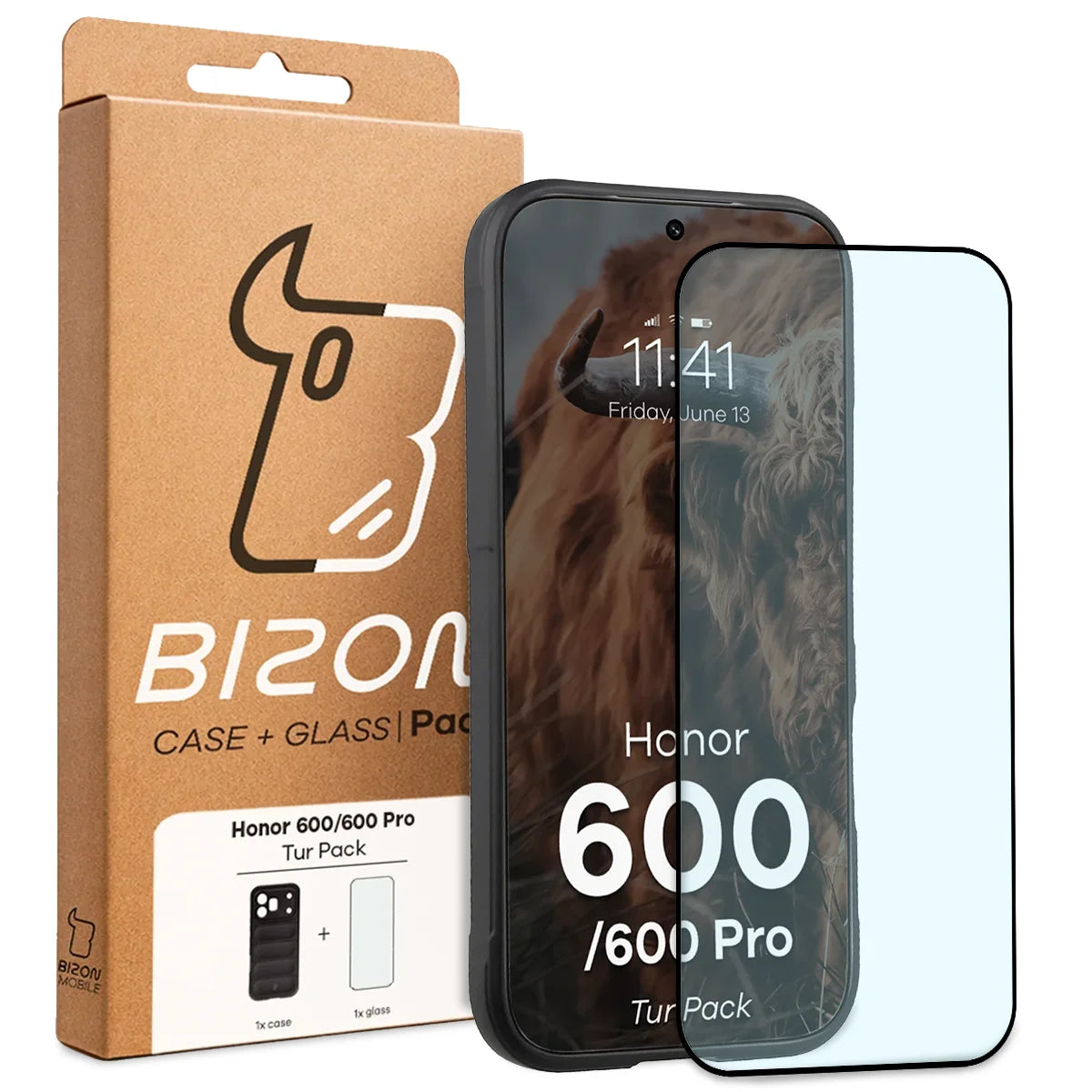 Robuste Handyhülle + gehärtetem Glas für Honor 600 5G / 600 Pro 5G, Bizon Tur Pack, Schwarz