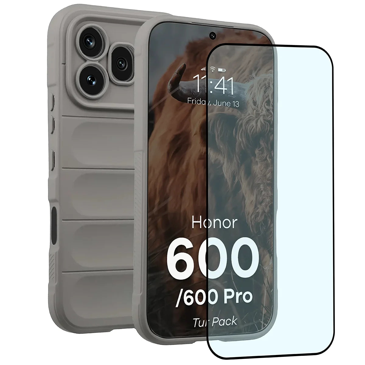 Robuste Handyhülle + gehärtetem Glas für Honor 600 5G / 600 Pro 5G, Bizon Tur Pack, Hellgrau