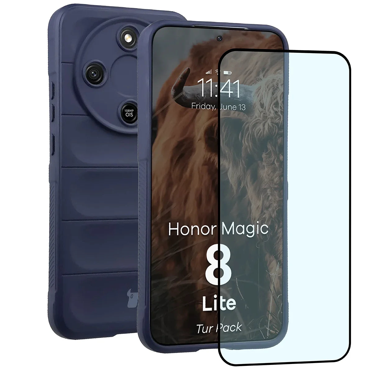 Robuste Handyhülle + gehärtetem Glas für Honor Magic8 Lite, Bizon Tur Pack, Dunkelblau