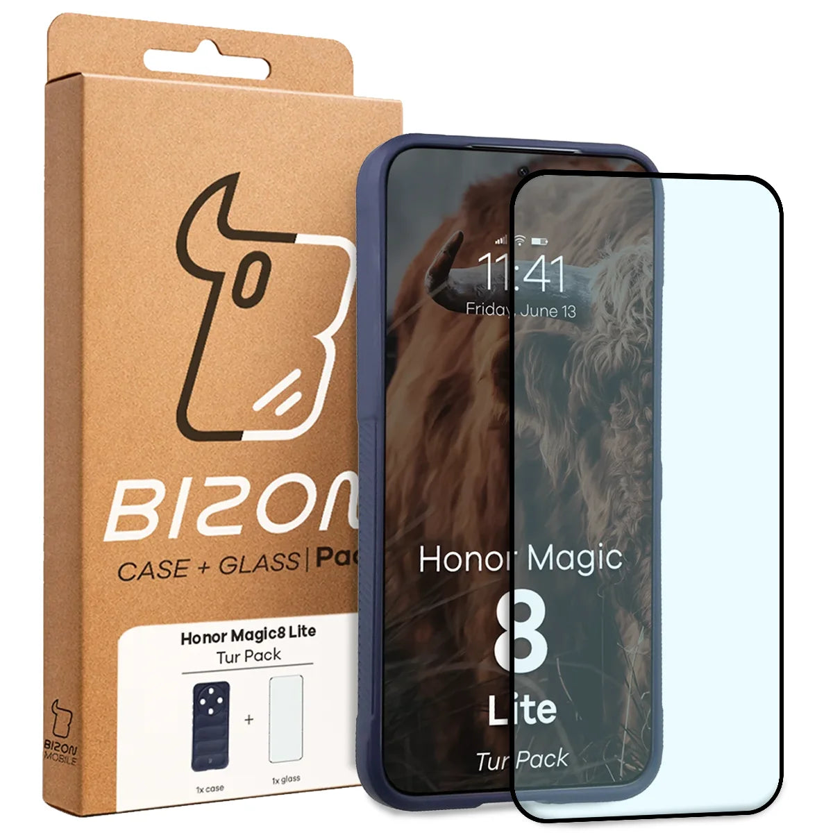 Robuste Handyhülle + gehärtetem Glas für Honor Magic8 Lite, Bizon Tur Pack, Dunkelblau