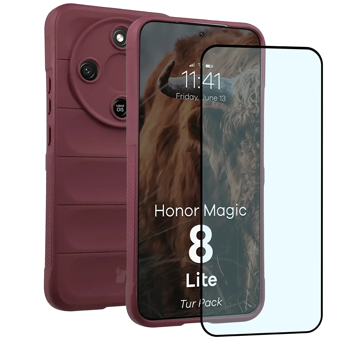 Robuste Handyhülle + gehärtetem Glas für Honor Magic8 Lite, Bizon Tur Pack, Burgunderrot