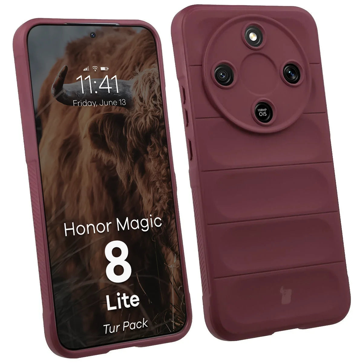 Robuste Handyhülle + gehärtetem Glas für Honor Magic8 Lite, Bizon Tur Pack, Burgunderrot