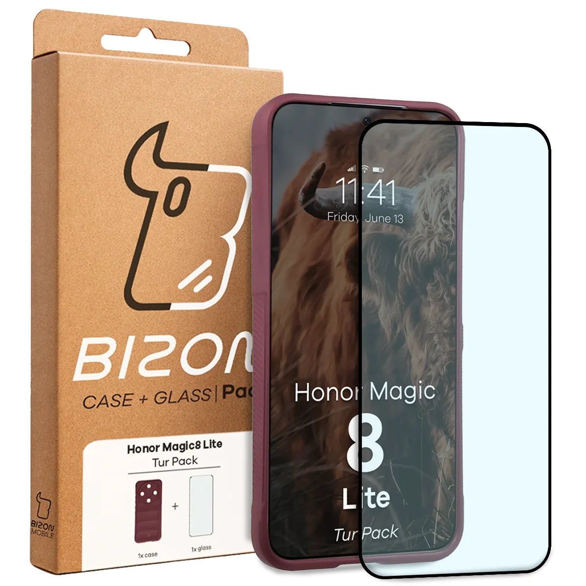 Robuste Handyhülle + gehärtetem Glas für Honor Magic8 Lite, Bizon Tur Pack, Burgunderrot