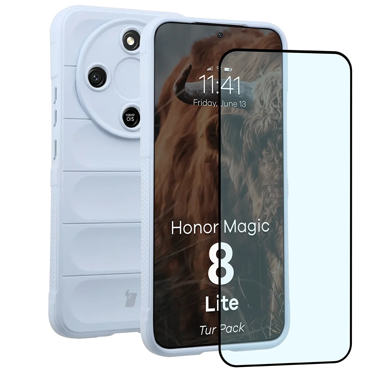 Robuste Handyhülle + gehärtetem Glas für Honor Magic8 Lite, Bizon Tur Pack, Hellblau
