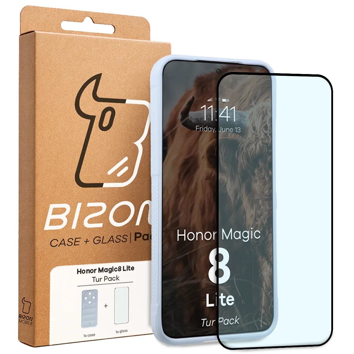 Robuste Handyhülle + gehärtetem Glas für Honor Magic8 Lite, Bizon Tur Pack, Hellblau