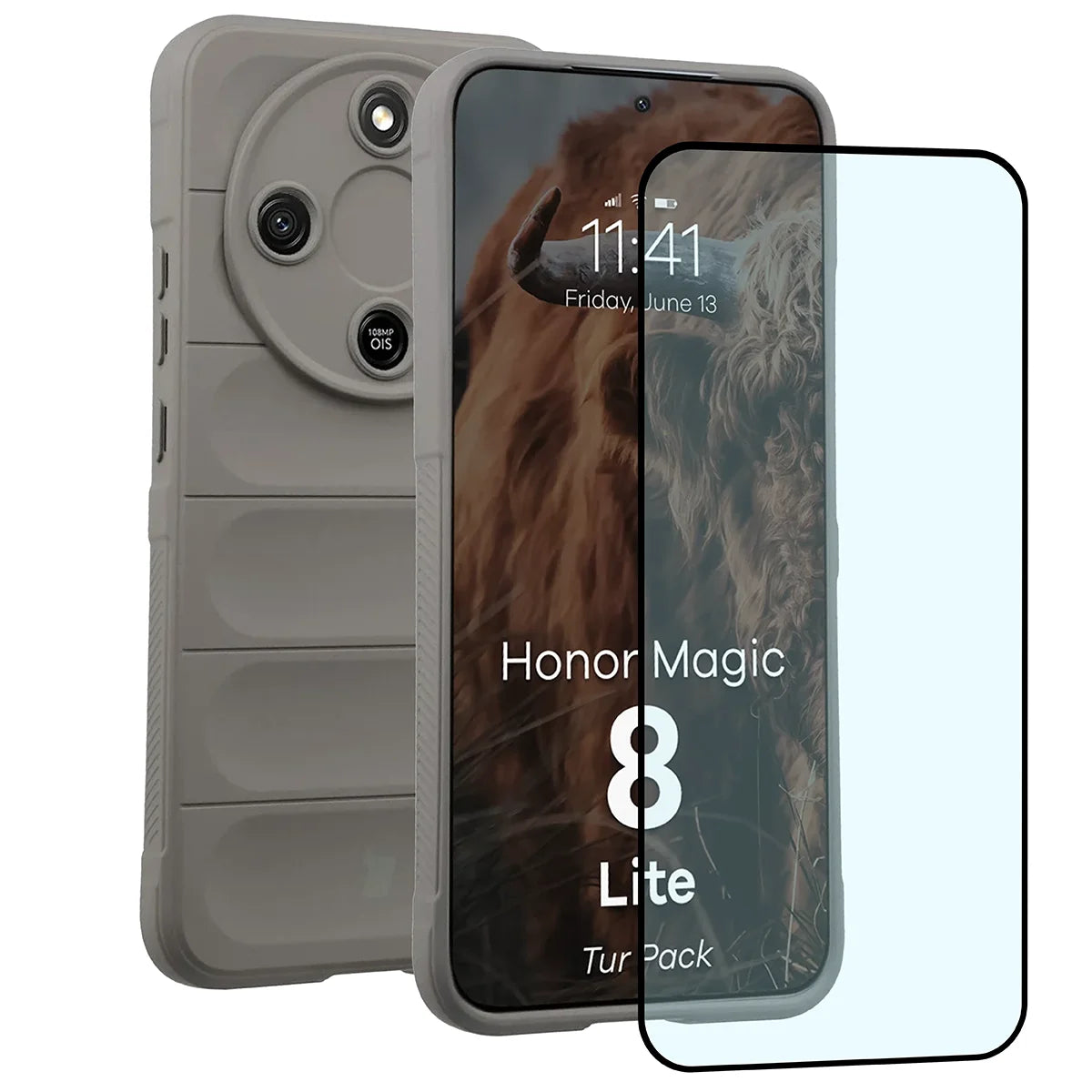 Robuste Handyhülle + gehärtetem Glas für Honor Magic8 Lite, Bizon Tur Pack, Hellgrau