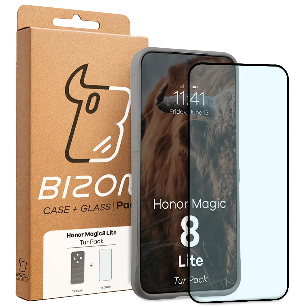 Robuste Handyhülle + gehärtetem Glas für Honor Magic8 Lite, Bizon Tur Pack, Hellgrau