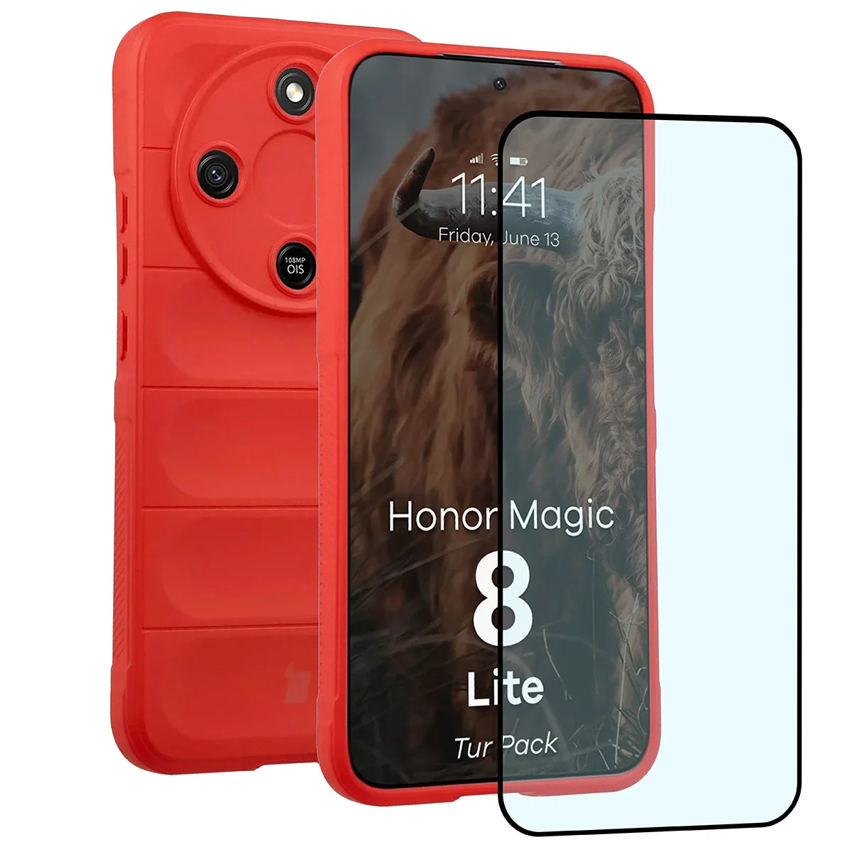 Robuste Handyhülle + gehärtetem Glas für Honor Magic8 Lite, Bizon Tur Pack, Rot