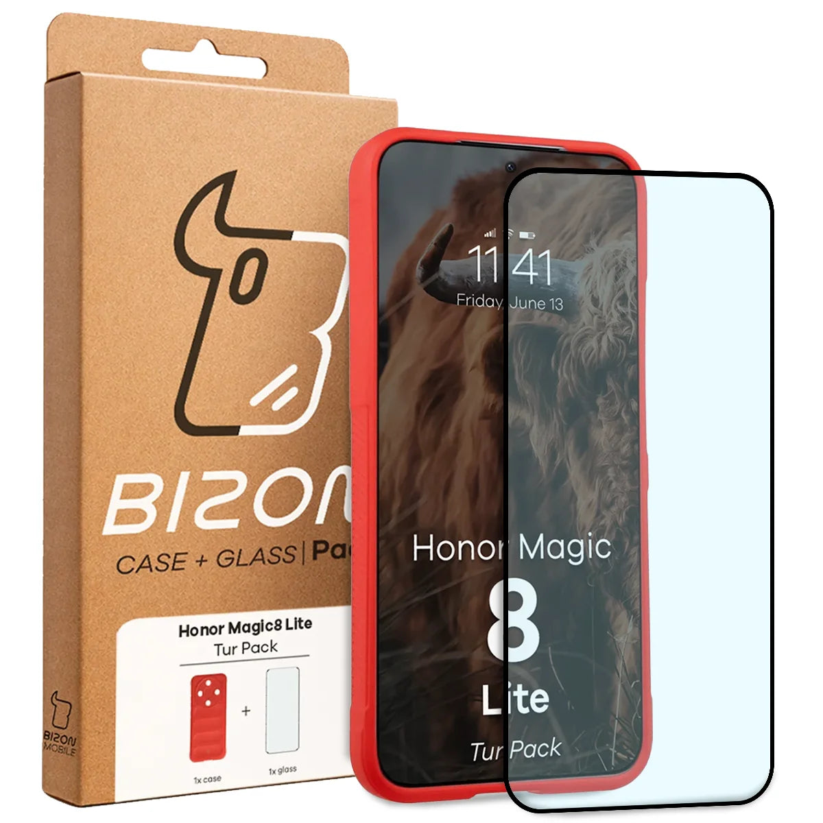 Robuste Handyhülle + gehärtetem Glas für Honor Magic8 Lite, Bizon Tur Pack, Rot