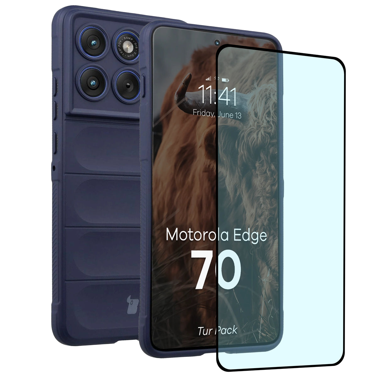 Robuste Handyhülle + gehärtetem Glas für Motorola Edge 70, Bizon Tur Pack, Dunkelblau