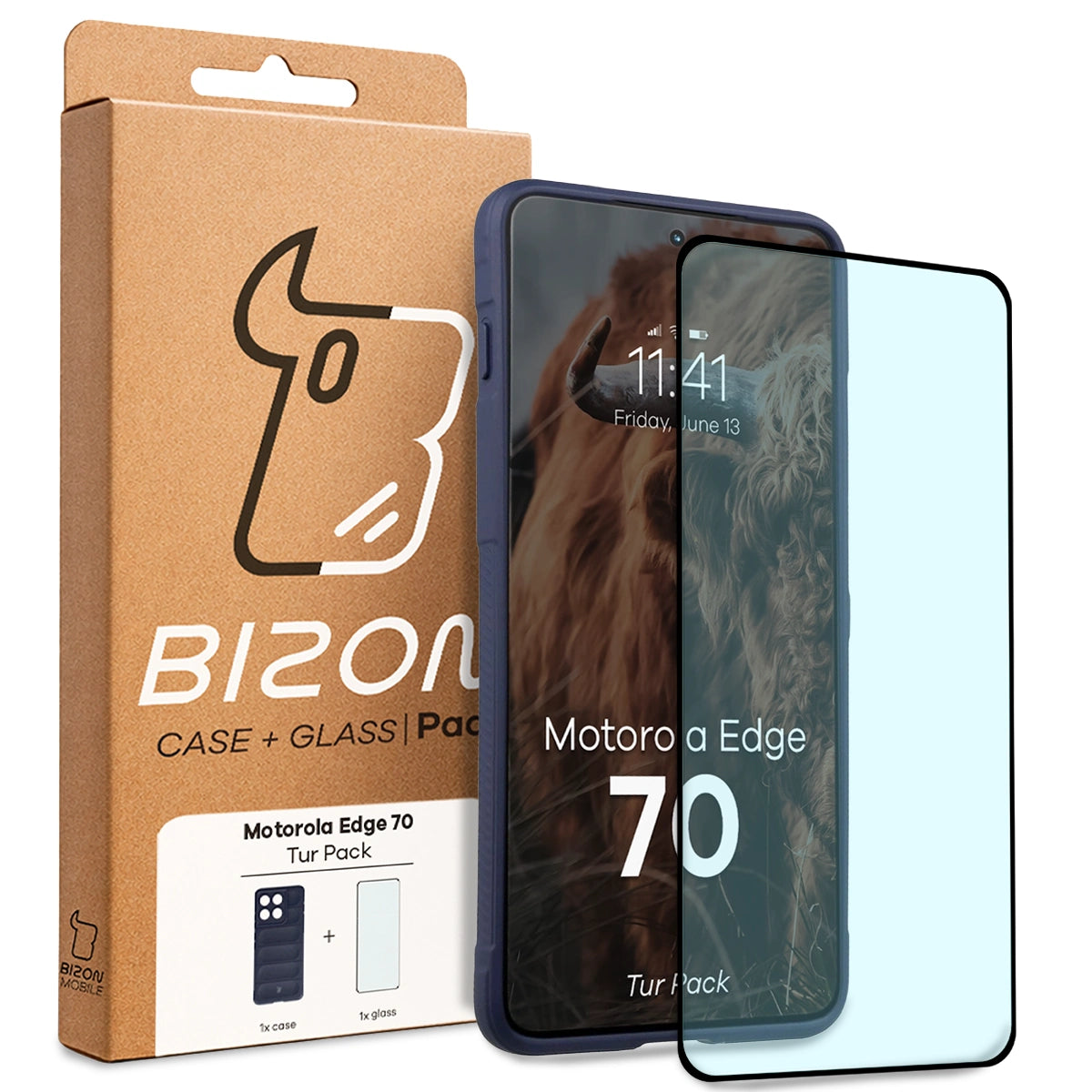 Robuste Handyhülle + gehärtetem Glas für Motorola Edge 70, Bizon Tur Pack, Dunkelblau