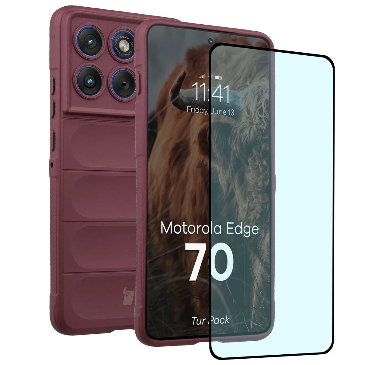 Robuste Handyhülle + gehärtetem Glas für Motorola Edge 70, Bizon Tur Pack, Burgunderrot
