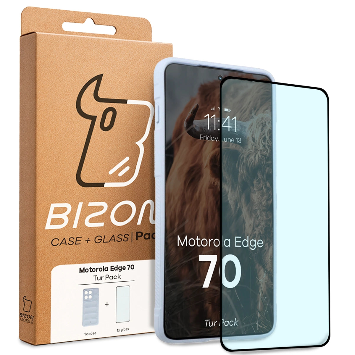 Robuste Handyhülle + gehärtetem Glas für Motorola Edge 70, Bizon Tur Pack, Hellblau