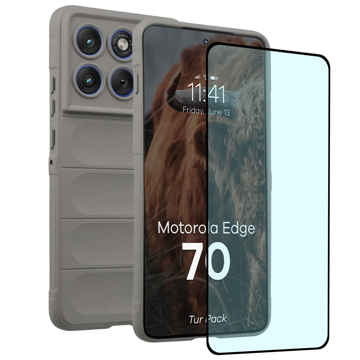 Robuste Handyhülle + gehärtetem Glas für Motorola Edge 70, Bizon Tur Pack, Hellgrau