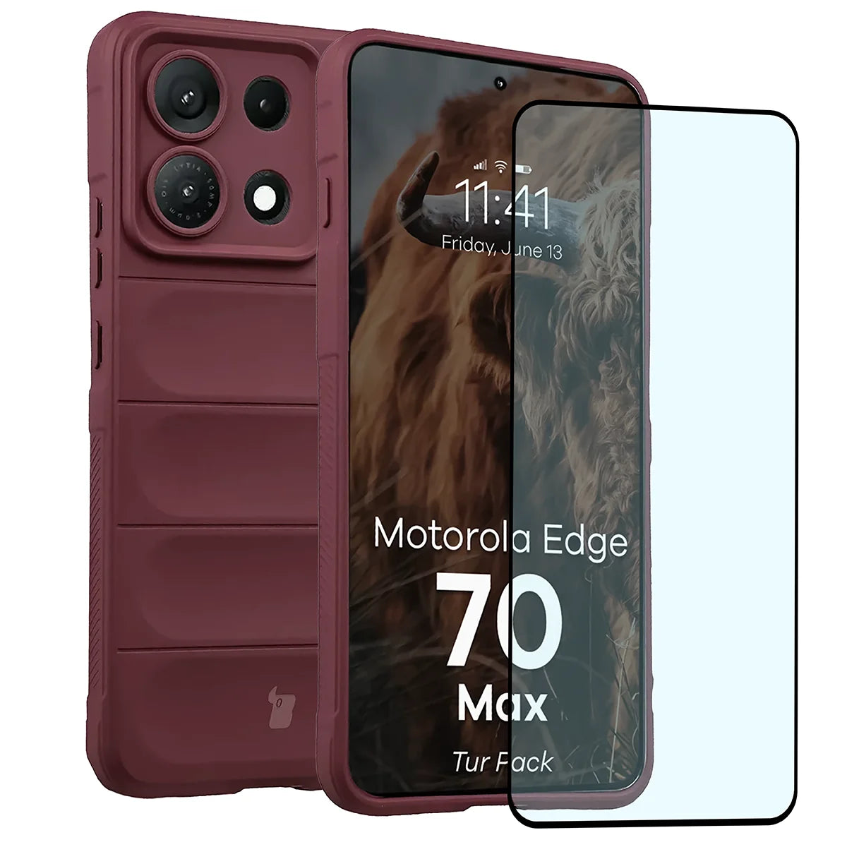 Robuste Handyhülle + gehärtetem Glas für Motorola Edge 70 Max, Bizon Tur Pack, Burgunderrot (1/10)