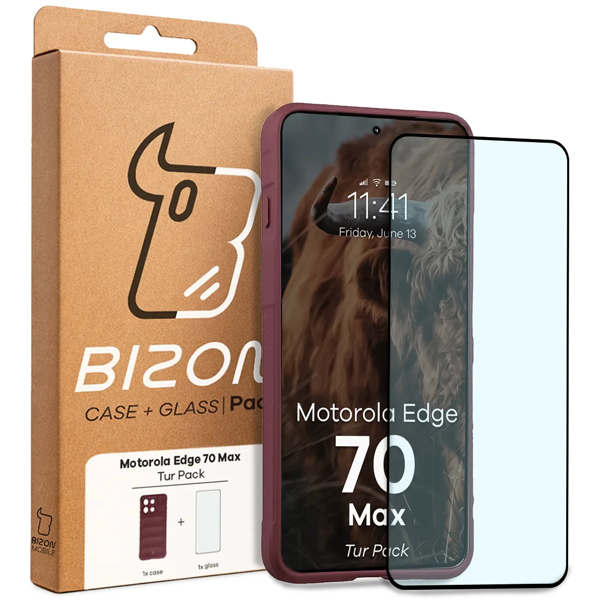 Robuste Handyhülle + gehärtetem Glas für Motorola Edge 70 Max, Bizon Tur Pack, Burgunderrot (10/10)