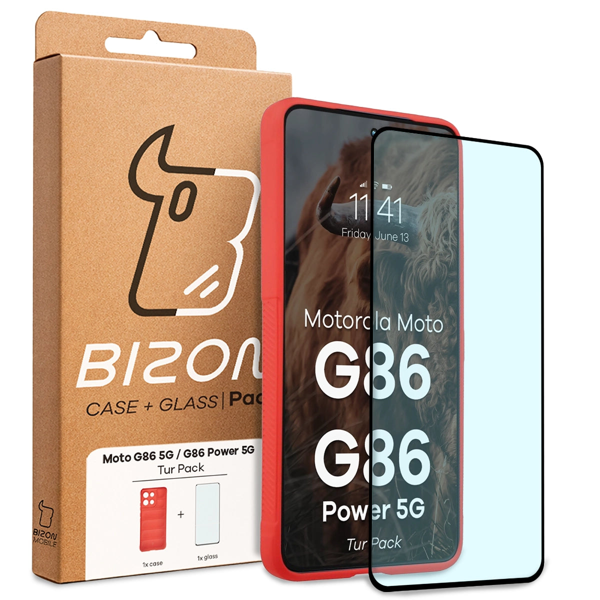 Robuste Handyhülle + gehärtetem Glas für Motorola Moto G86 5G / G86 Power 5G, Bizon Tur Pack, Rot