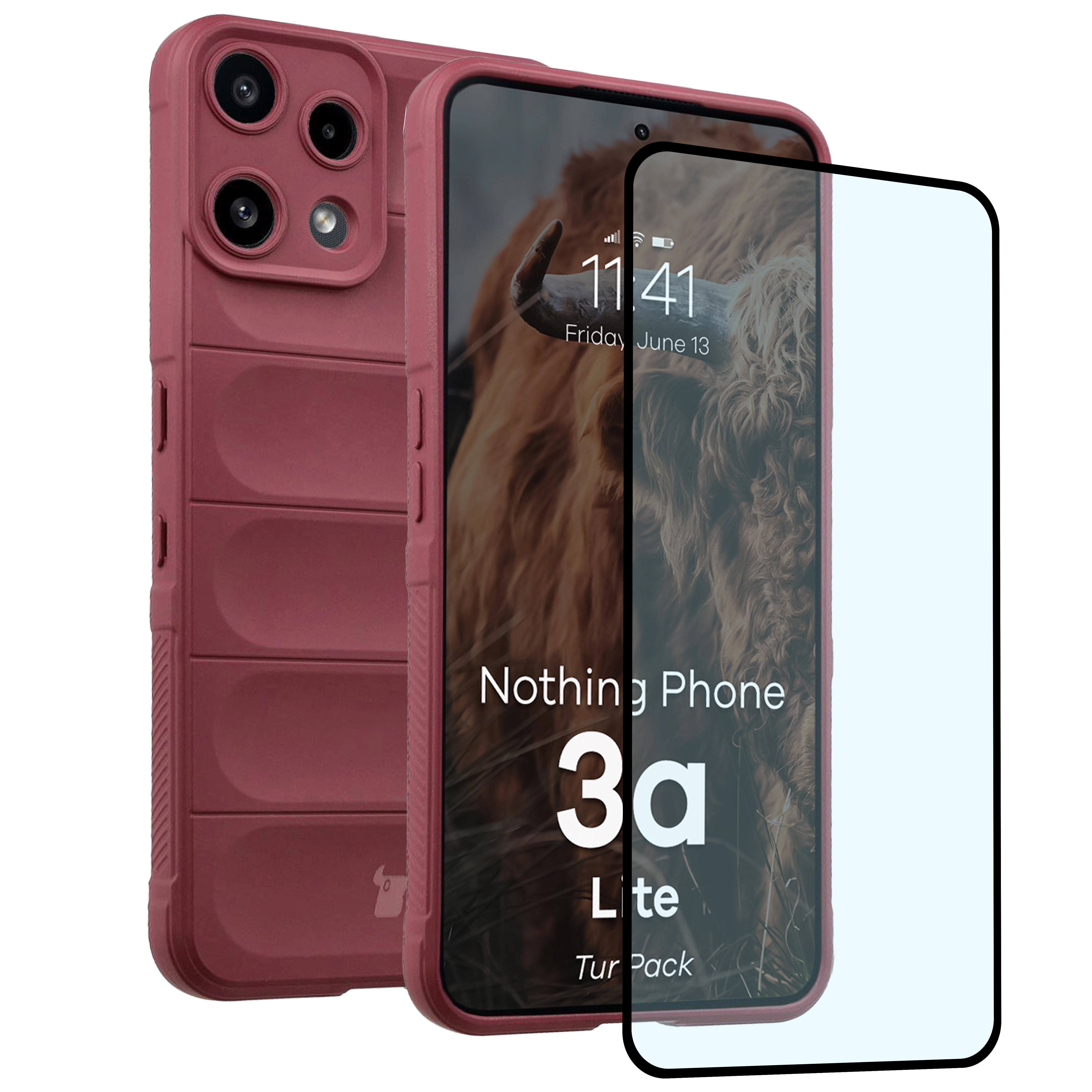 Robuste Handyhülle + gehärtetem Glas für Nothing Phone (3a) Lite, Bizon Tur Pack, Burgunderrot