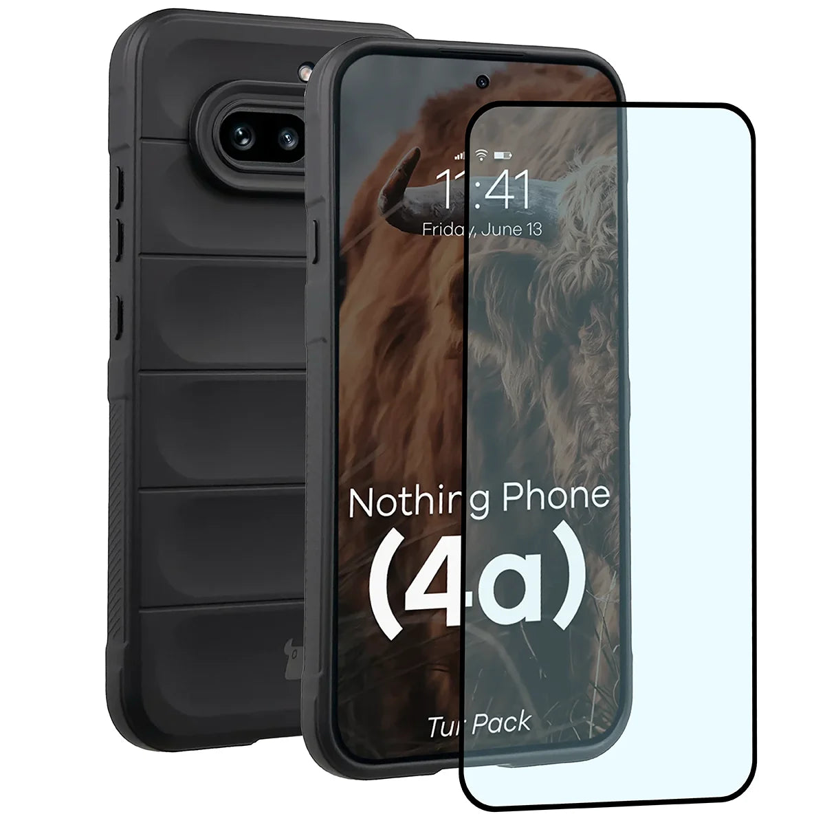 Robuste Handyhülle + gehärtetem Glas für Nothing Phone (4a), Bizon Tur Pack, Schwarz