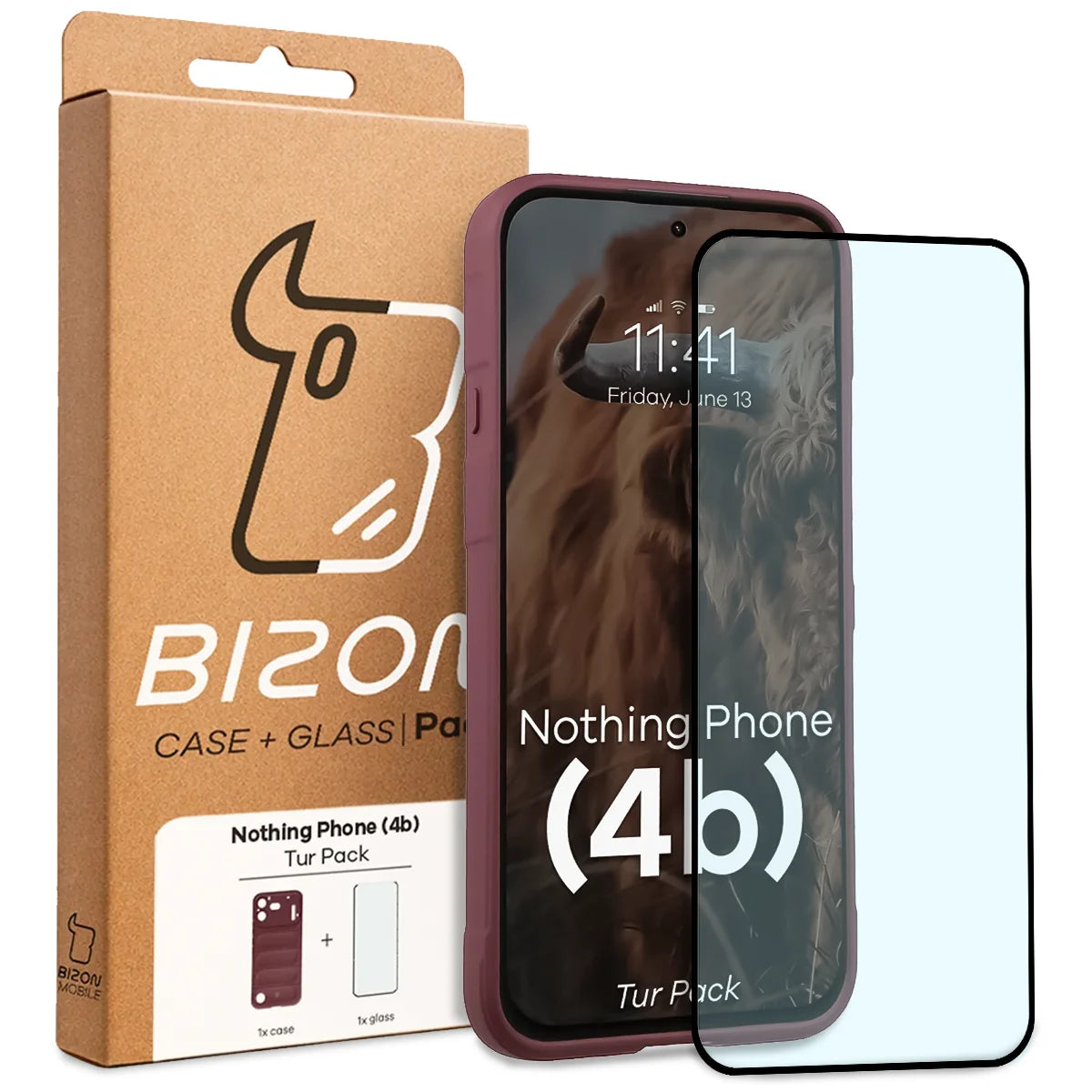 Robuste Handyhülle + gehärtetem Glas für Nothing Phone (4b), Bizon Tur Pack, Burgunderrot (10/10)
