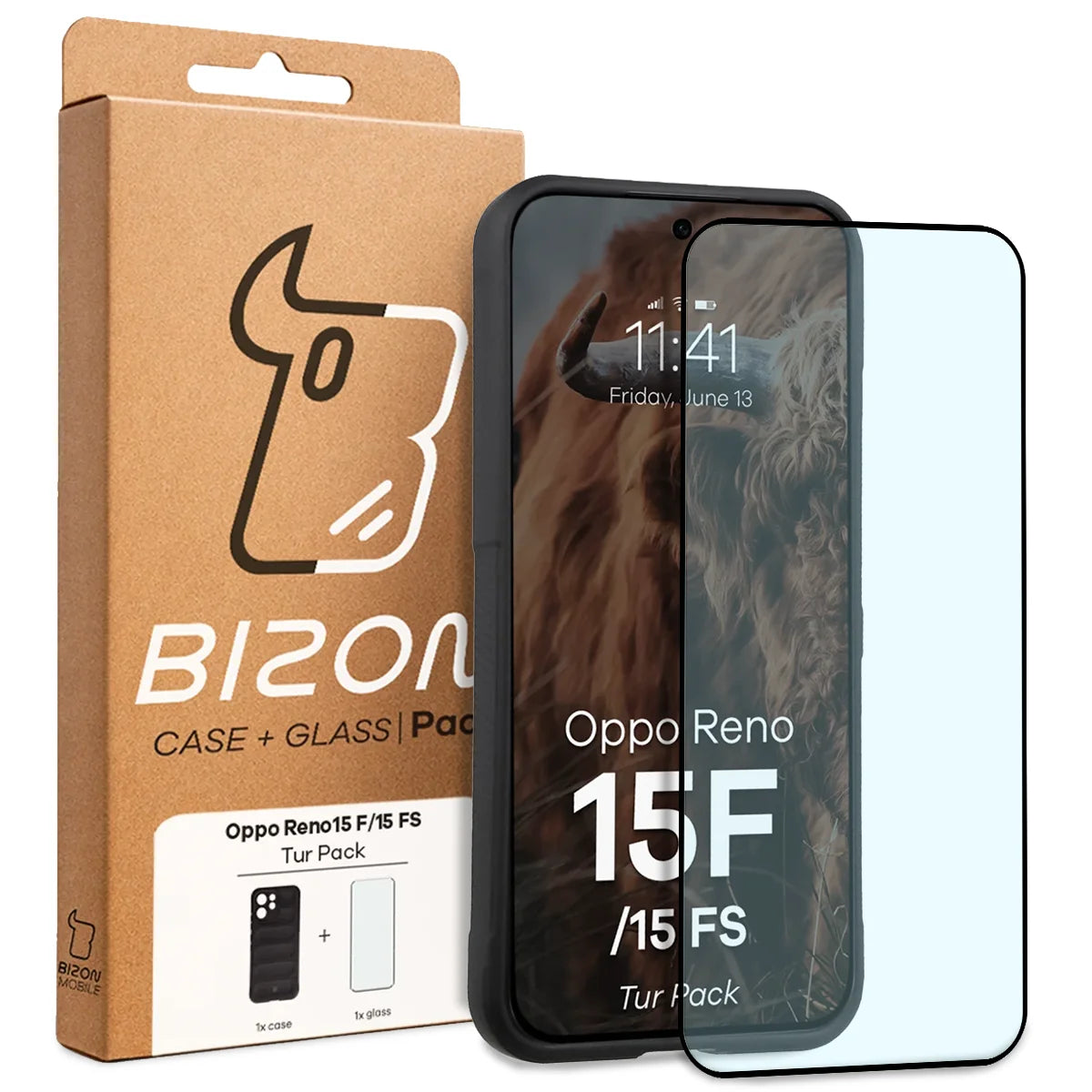 Robuste Handyhülle + gehärtetem Glas für Oppo Reno 15 F / FS, Bizon Tur Pack, Schwarz