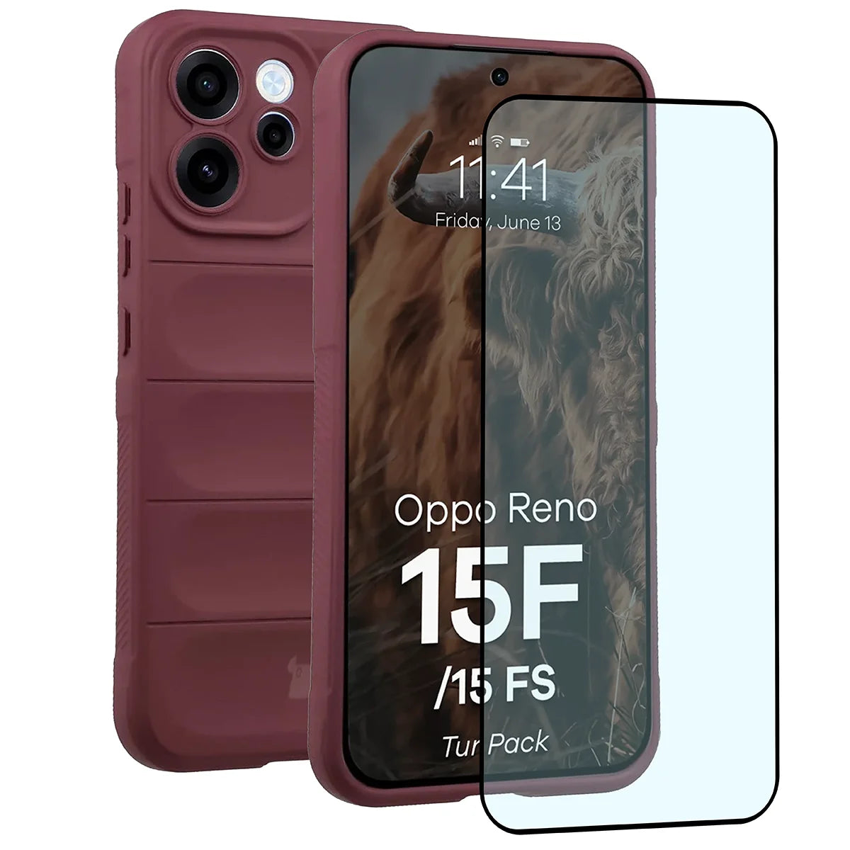 Robuste Handyhülle + gehärtetem Glas für Oppo Reno 15 F / FS, Bizon Tur Pack, Burgunderrot