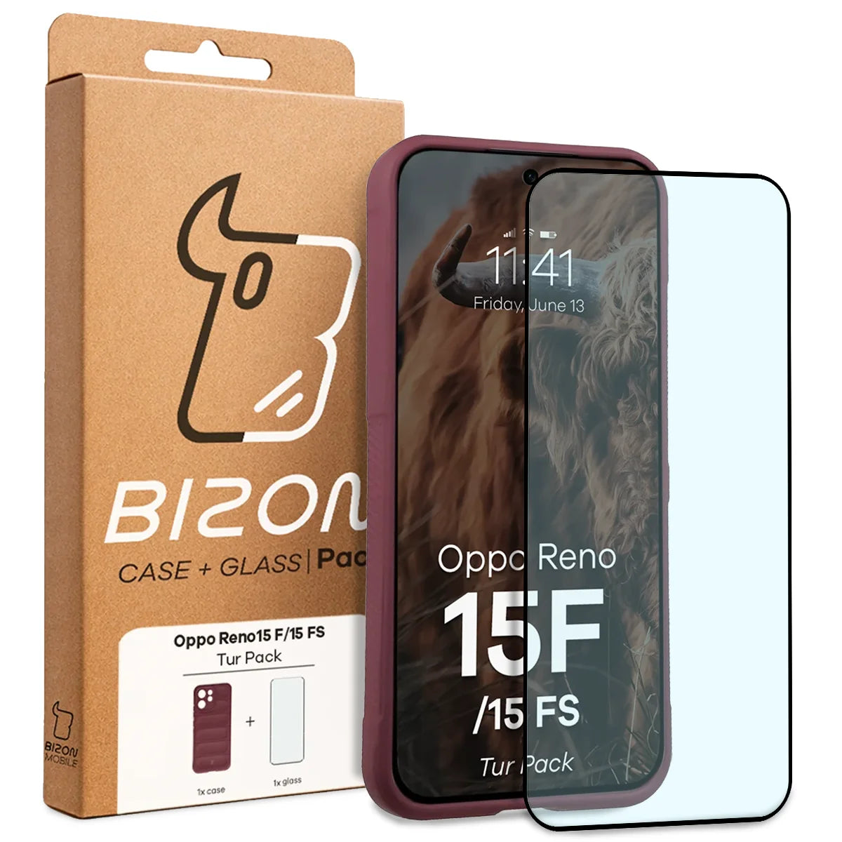 Robuste Handyhülle + gehärtetem Glas für Oppo Reno 15 F / FS, Bizon Tur Pack, Burgunderrot
