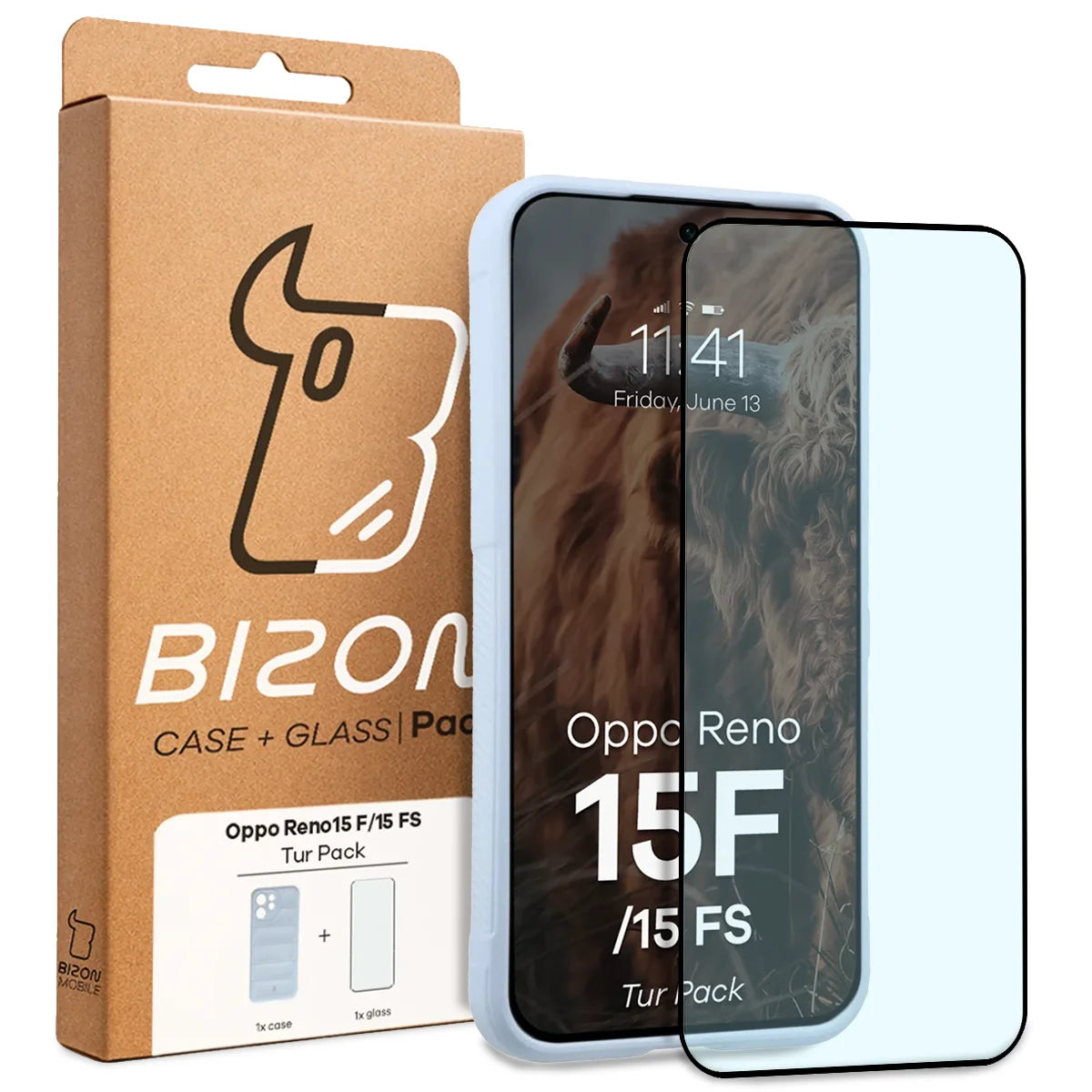 Robuste Handyhülle + gehärtetem Glas für Oppo Reno 15 F / FS, Bizon Tur Pack, Hellblau