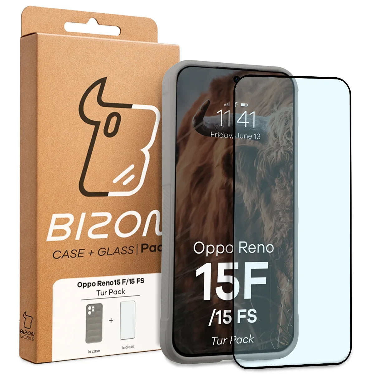 Robuste Handyhülle + gehärtetem Glas für Oppo Reno 15 F / FS, Bizon Tur Pack, Hellgrau