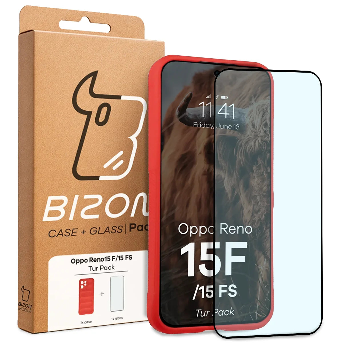 Robuste Handyhülle + gehärtetem Glas für Oppo Reno 15 F / FS, Bizon Tur Pack, Rot