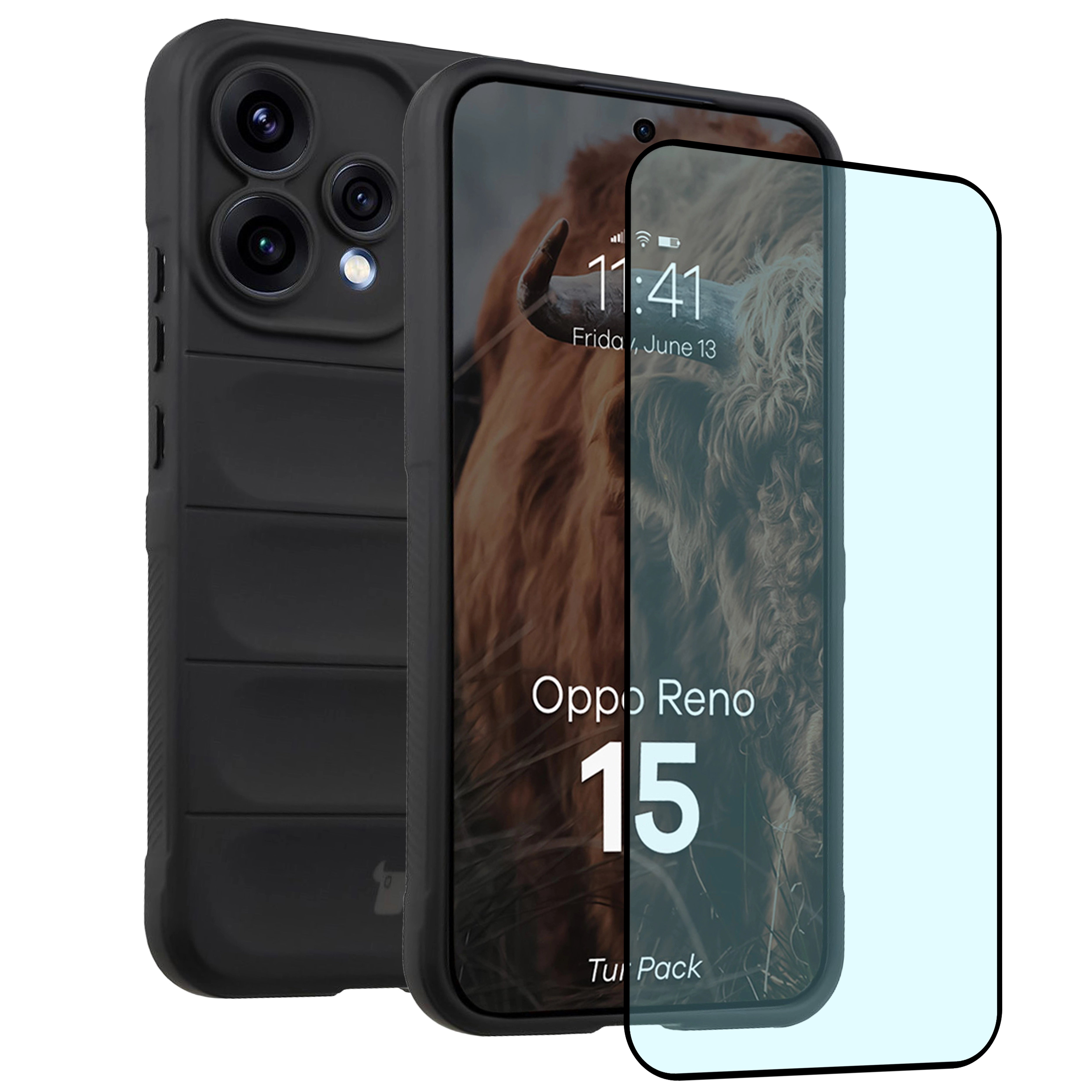 Robuste Handyhülle + gehärtetem Glas für Oppo Reno 15, Bizon Tur Pack, Schwarz