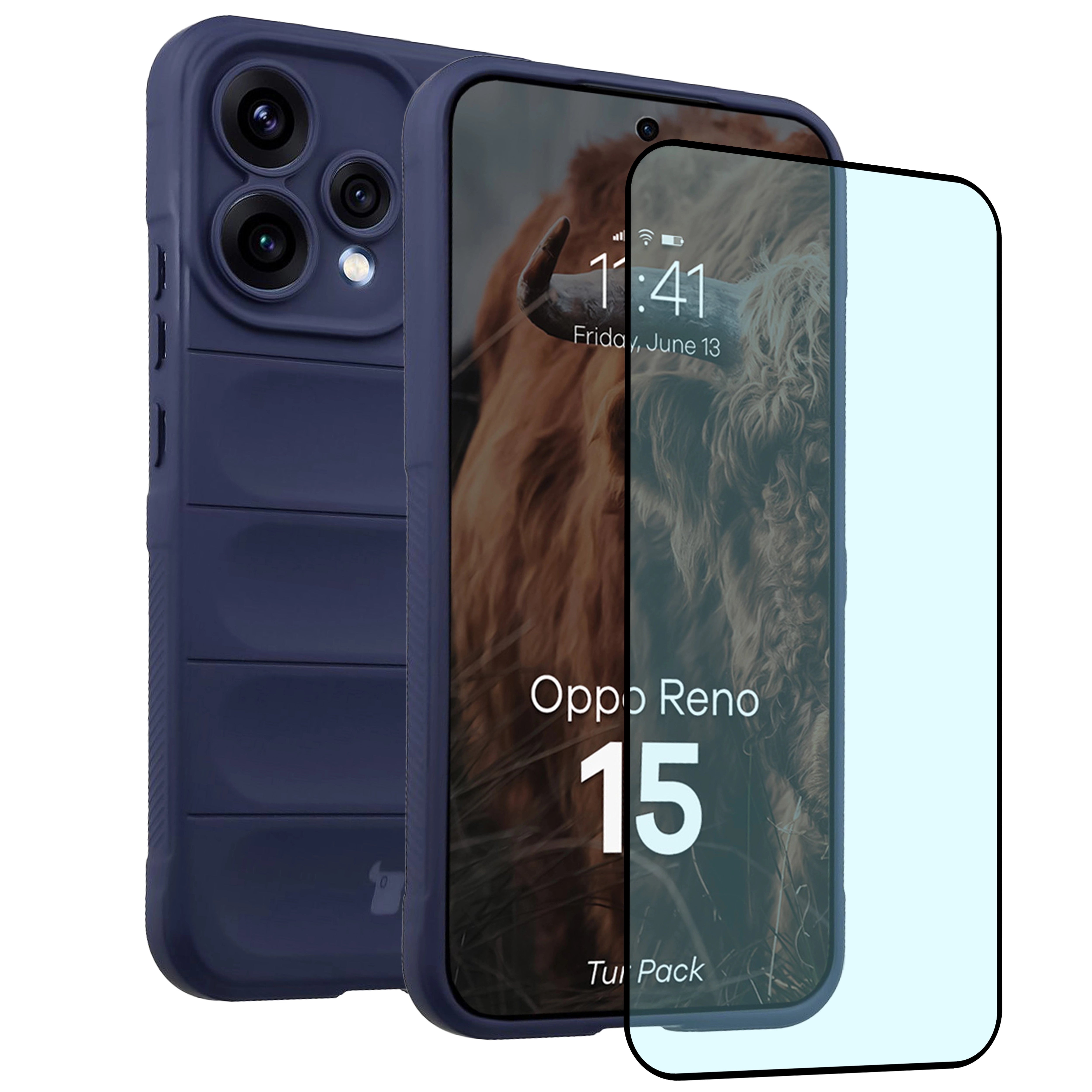 Robuste Handyhülle + gehärtetem Glas für Oppo Reno 15, Bizon Tur Pack, Dunkelblau