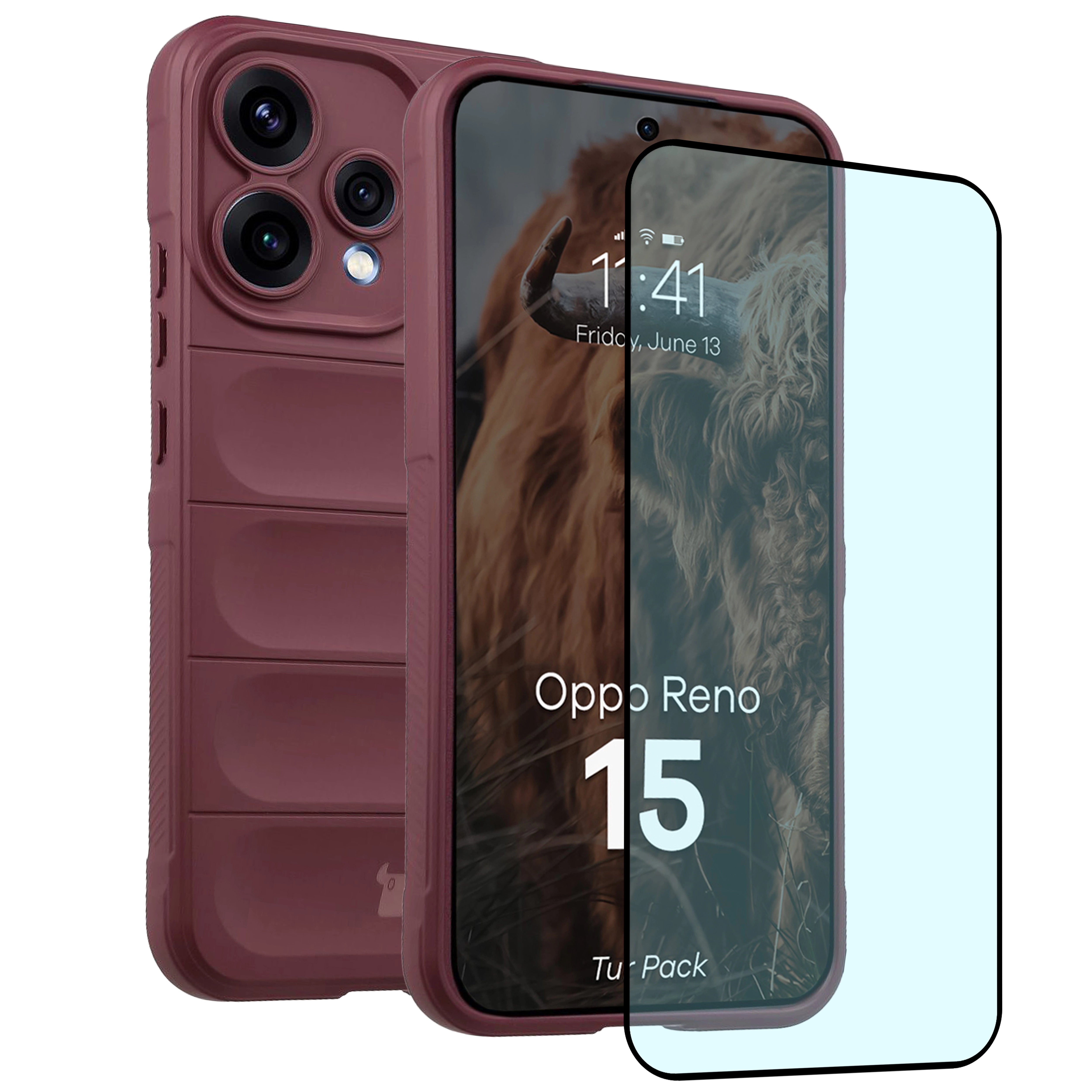 Robuste Handyhülle + gehärtetem Glas für Oppo Reno 15, Bizon Tur Pack, Burgunderrot
