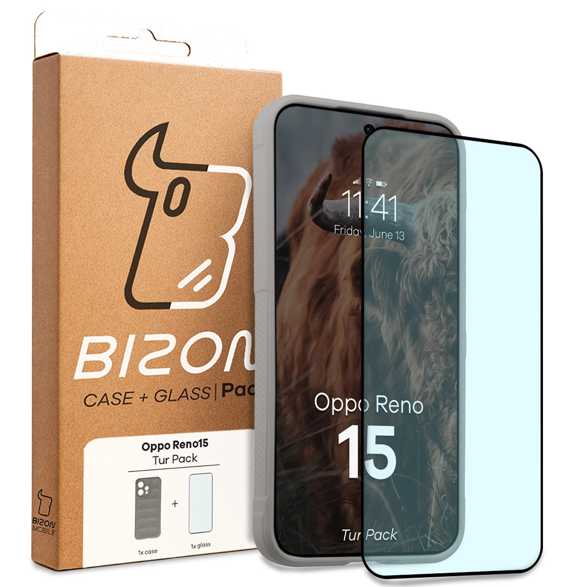 Robuste Handyhülle + gehärtetem Glas für Oppo Reno 15, Bizon Tur Pack, Hellgrau