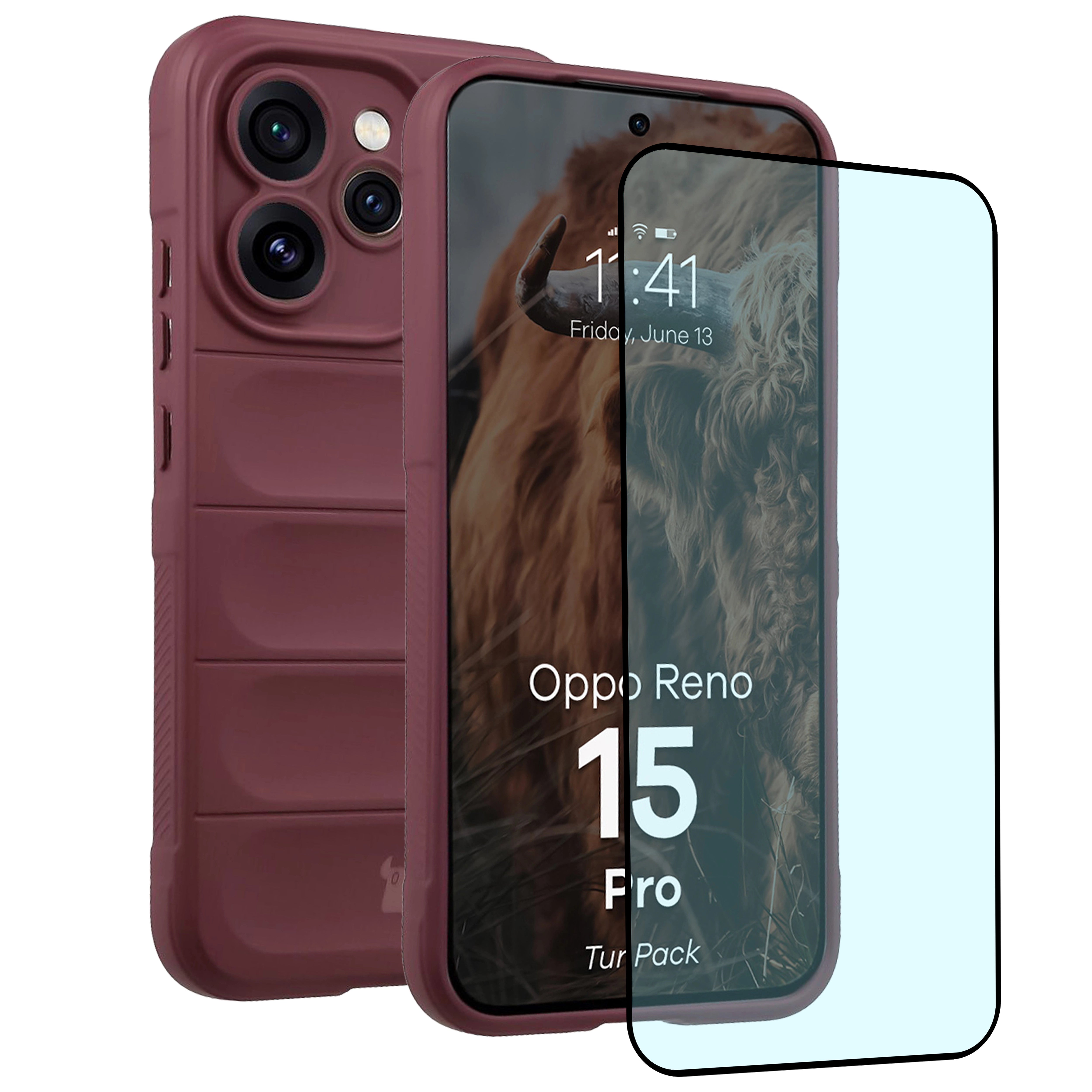 Robuste Handyhülle + gehärtetem Glas für Oppo Reno 15 Pro, Bizon Tur Pack, Burgunderrot