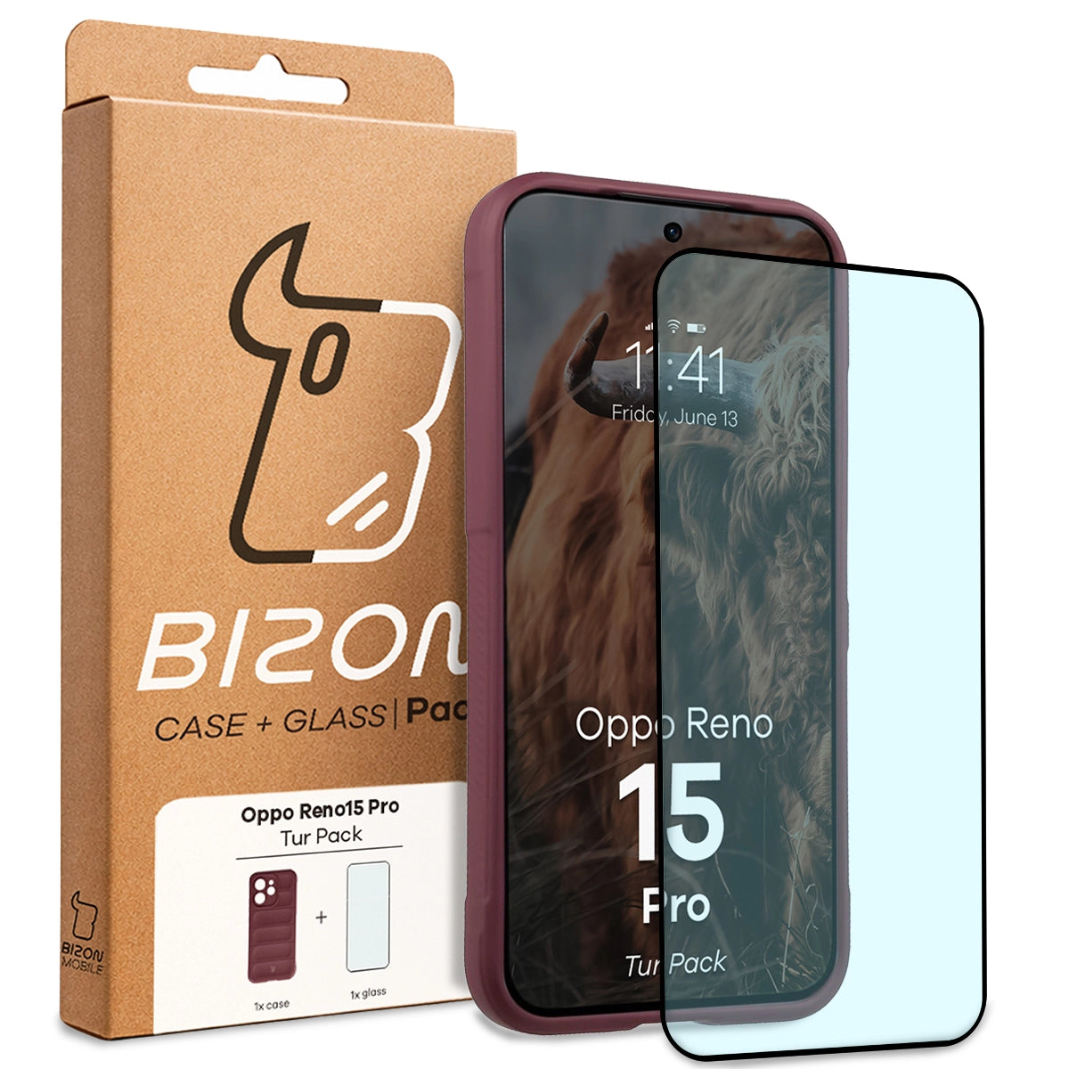 Robuste Handyhülle + gehärtetem Glas für Oppo Reno 15 Pro, Bizon Tur Pack, Burgunderrot
