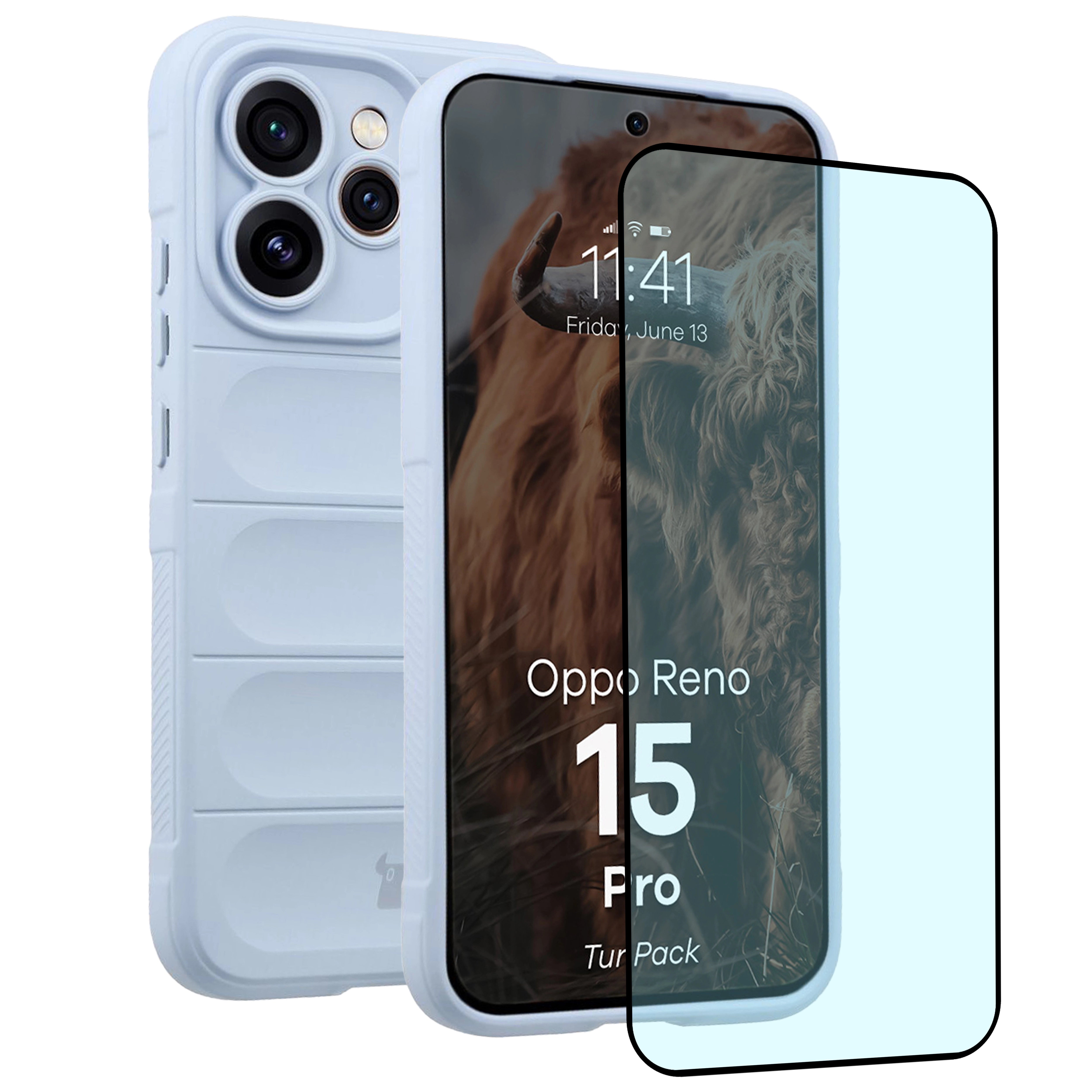 Robuste Handyhülle + gehärtetem Glas für Oppo Reno 15 Pro, Bizon Tur Pack, Hellblau