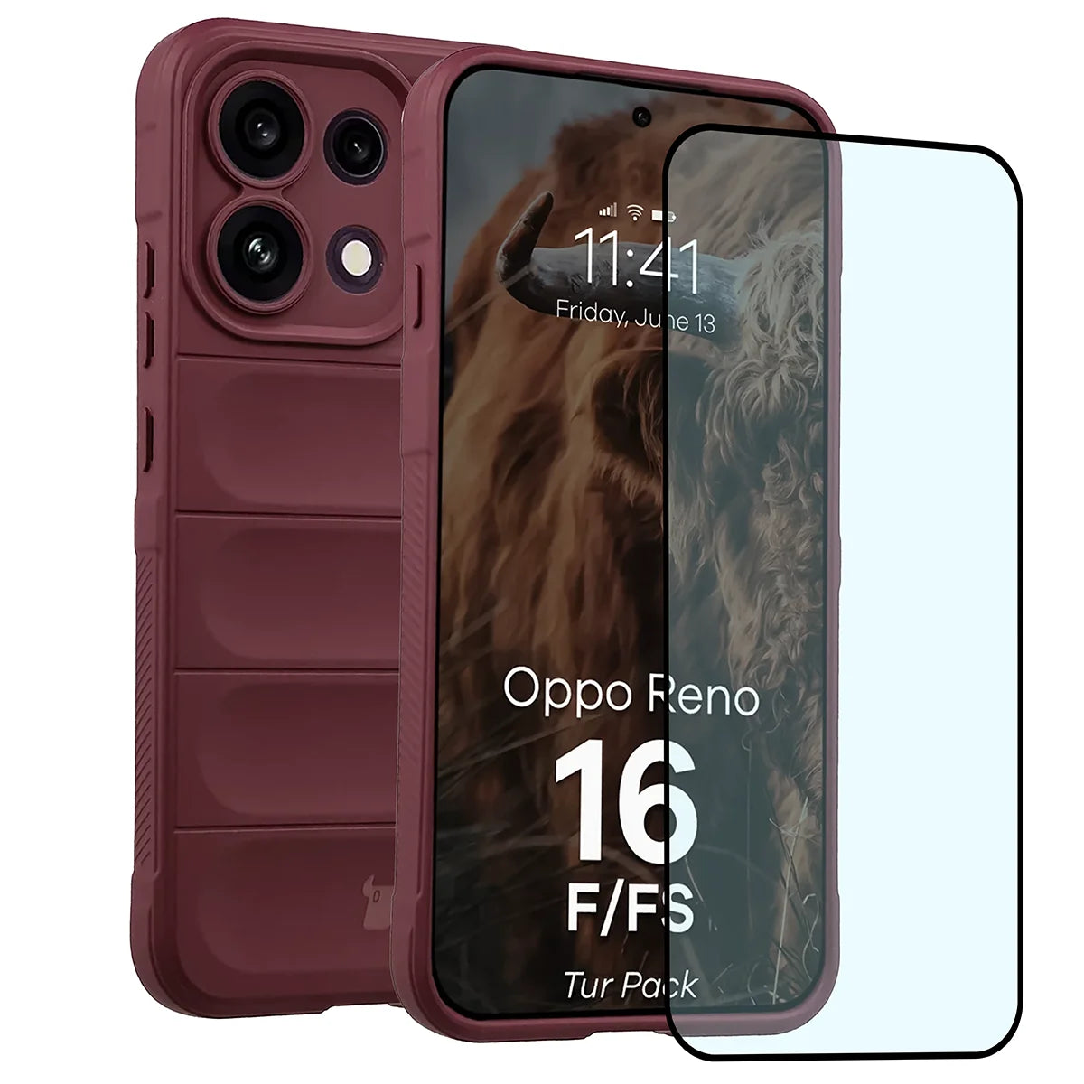 Robuste Handyhülle + gehärtetem Glas für Oppo Reno16 F / Reno16 FS, Bizon Tur Pack, Burgunderrot (1/10)