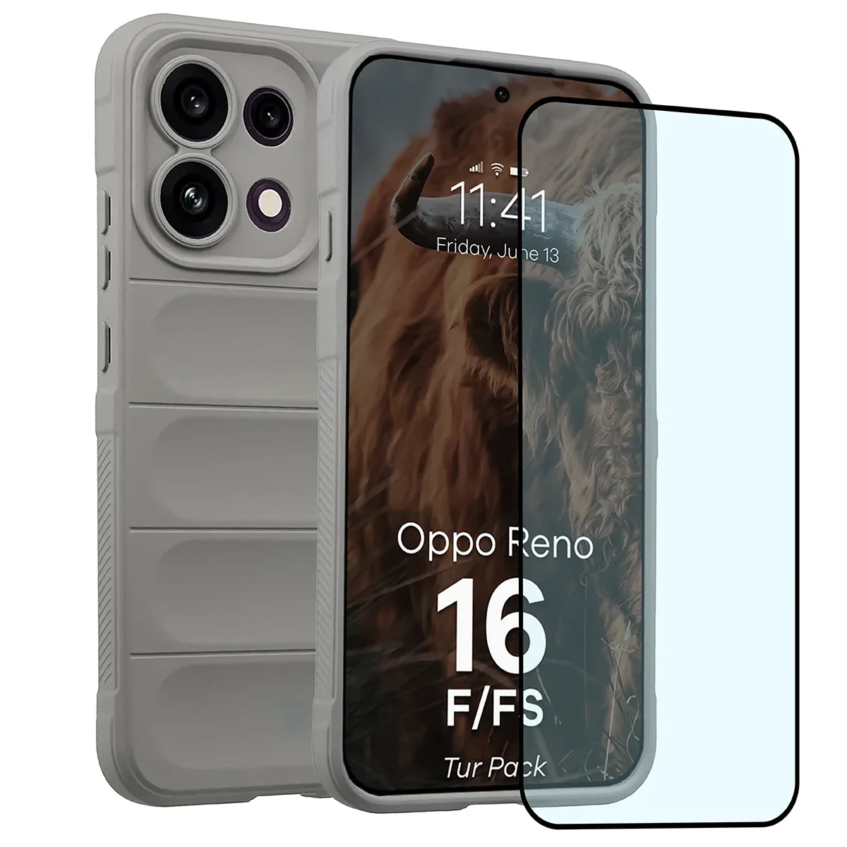 Robuste Handyhülle + gehärtetem Glas für Oppo Reno16 F / Reno16 FS, Bizon Tur Pack, Hellgrau (1/10)