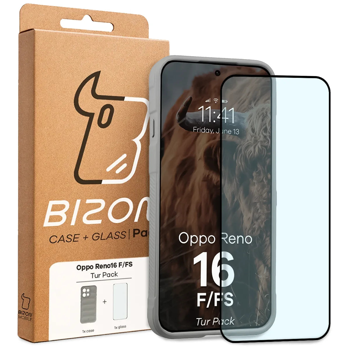 Robuste Handyhülle + gehärtetem Glas für Oppo Reno16 F / Reno16 FS, Bizon Tur Pack, Hellgrau (10/10)