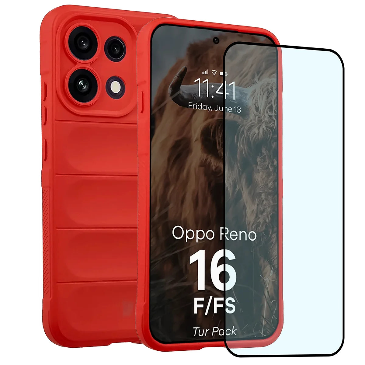 Robuste Handyhülle + gehärtetem Glas für Oppo Reno16 F / Reno16 FS, Bizon Tur Pack, Rot (1/10)