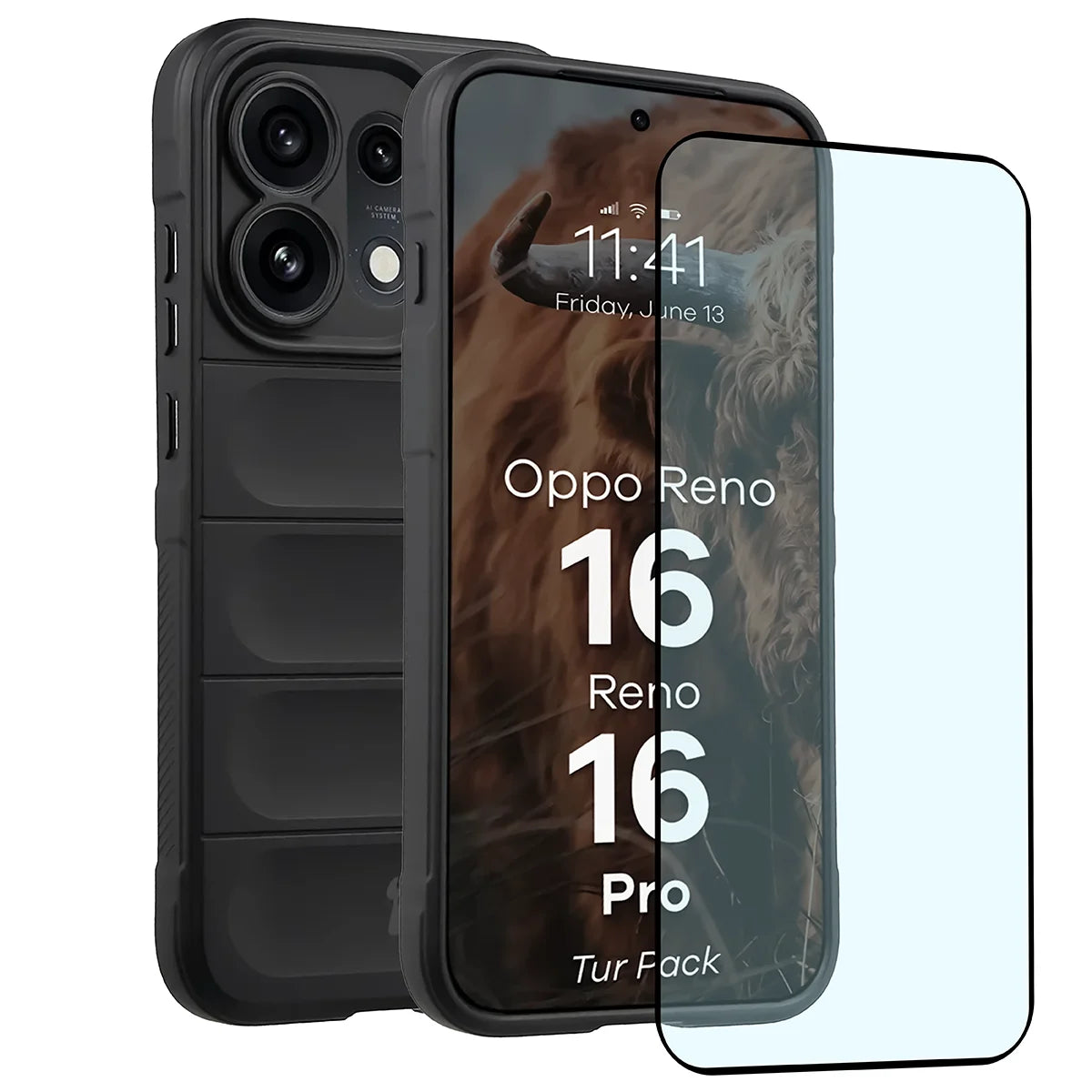 Robuste Handyhülle + gehärtetem Glas für Oppo Reno16 / Reno16 Pro 5G, Bizon Tur Pack, Schwarz (1/10)