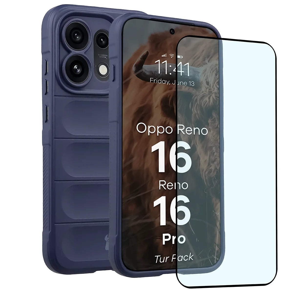 Robuste Handyhülle + gehärtetem Glas für Oppo Reno16 / Reno16 Pro 5G, Bizon Tur Pack, Dunkelblau (1/10)